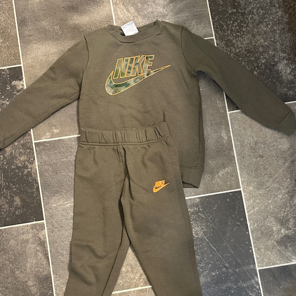 Nike Olive Tracksuit with Camo and Orange Accents